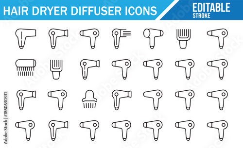Set of linear blow dryer and comb attachment icons.