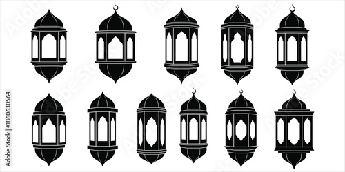 Collection of Black Islamic Lantern Silhouettes with Crescent Moons ramadan