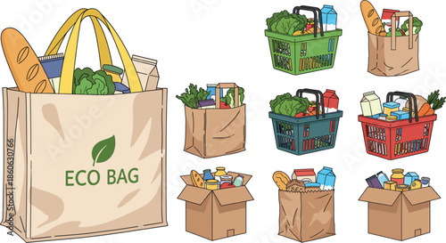 Set of eco friendly reusable grocery bags and shopping baskets filled with fresh vegetables and food products isolated on white background vector.