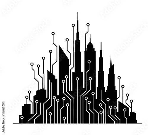 Cityscape with circuit board design.