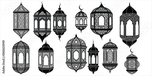 Collection of Black Silhouettes of Ornate Islamic Lanterns with Intricate Patterns Keywords: lantern, Islamic, Ramadan, Eid