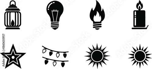Collection Of Eight Black Silhouette Icons Representing Light And Energy symbol
