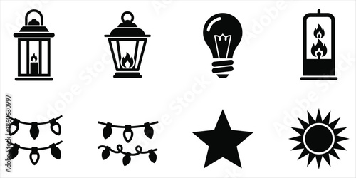 Collection of eight black silhouette icons representing light sources and celestial bodies Keywords: lantern, lamp, light bulb
