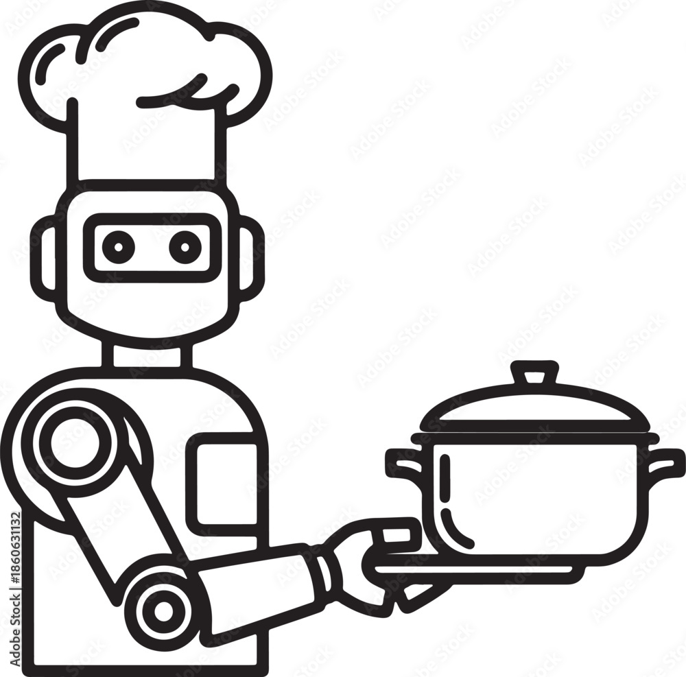 Fototapeta premium Chef Robot With Cooking Pot Silhouette Icon Vector Humanoid Mechanical Kitchen Culinary Logo Symbol Sign Illustration