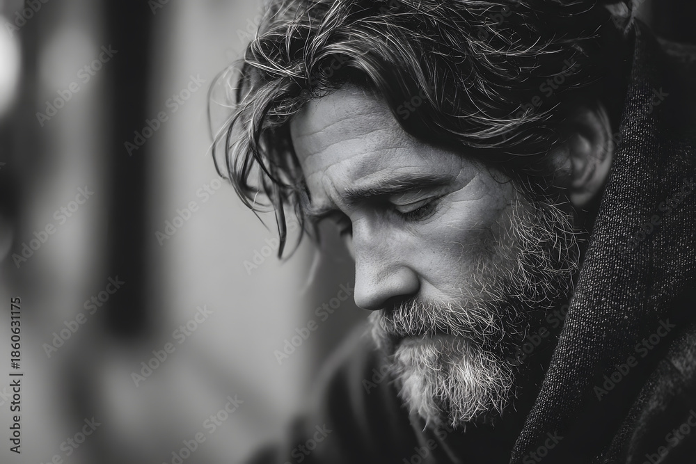 Obraz premium Homeless man drug and alcohol addict sitting alone and depressed on the street feeling anxious and lonely, social documentary concept black and white