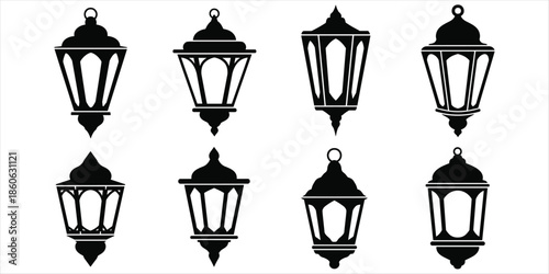 Collection of Eight Black Silhouettes of Islamic Lanterns Keywords: islam, lantern, silhouette, islamic, decoration, ornamental