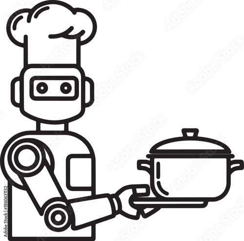 Chef Robot With Cooking Pot Silhouette Icon Vector Humanoid Mechanical Kitchen Culinary Logo Symbol Sign Illustration