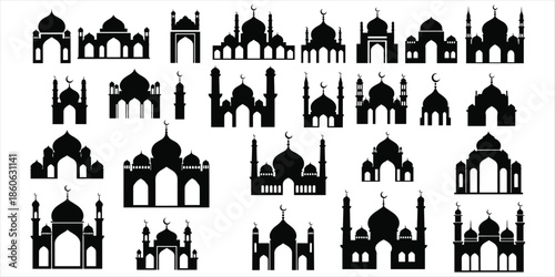 Collection of Islamic mosque silhouettes with domes and minarets architecture building