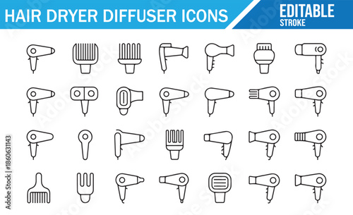 Minimalist hair care device outline illustrations set.