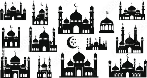 Collection of mosque silhouettes and Islamic symbols in black on a white background Keywords: mosque, Islamic architecture