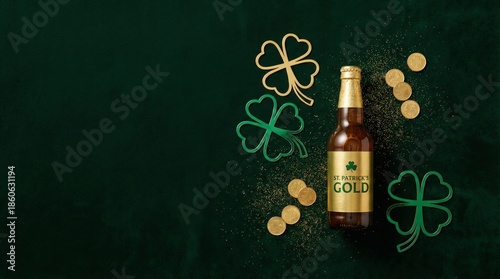 Celebration of St Patricks Day With a Bottle of Gold Beer and Shamrock Decora...