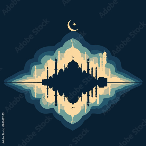 Mosque silhouette with crescent moon.