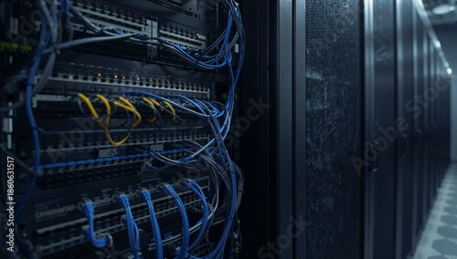 Data Center With Server Racks and Network Cables in Use During Nighttime Oper...