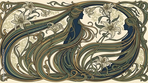 Vintage Art Nouveau Floral Silhouette Illustration with Women and Lilies