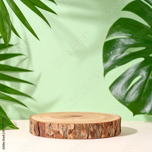 Natural Wood Slice Podium with Tropical Leaves – Minimalist Product Display Background