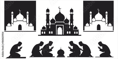 Islamic Mosques And Men Praying Silhouettes On White And Black Backgrounds religion prayer