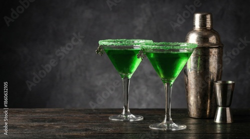 Green Cocktails on Wooden Table With Shaker and Jigger in Bar Setting for Cel...