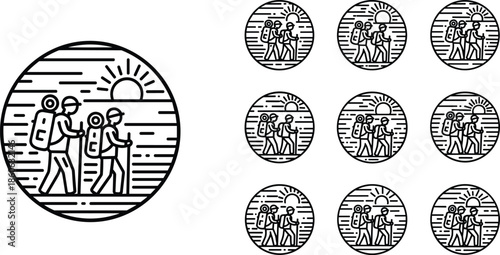 Line art icons of hikers with backpacks and trekking poles in circular frames hiking backpacker