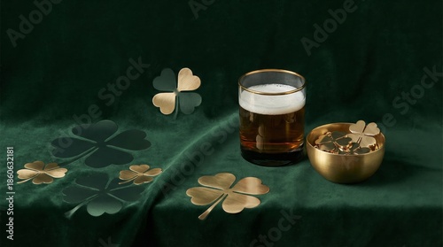 Celebration of St Patricks Day With a Bottle of Gold Beer and Shamrock Decora...