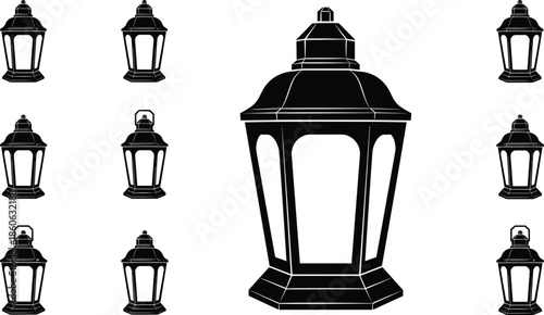 Large Islamic Lantern with Surrounding Silhouettes vector