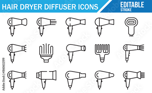 Editable stroke hair styling tools icon pack vector.