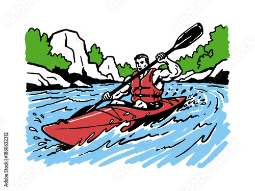 Dynamic Vintage Comic Style Illustration of Kayaker Paddling on River Rapids. Water Sports Adventure Drawing.