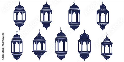 Set of Dark Blue Islamic Lantern Silhouettes with Crescent Moons ramadan