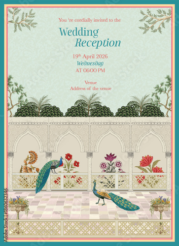 Traditional Indian Wedding Reception Invitation Card Design. Rajasthani Jaipuri wedding, arches, peacocks, and tropical trees. Vector illustration.	
