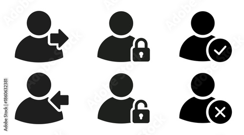 Account access icon set in silhouette style showing login, logout, locked and unlocked user, permission granted, access denied symbols, profile UI elements for apps, admin panels and SaaS dashboards