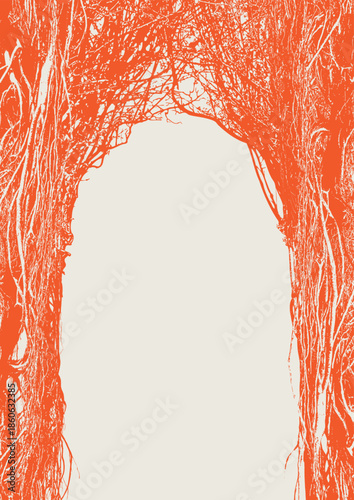 A4 vector frame for a certificate or flyer in a gothic style with a realistic arch of roots and branches, old tree. A dense forest. Space for an inscription. Magical, fairytale-like. No ai