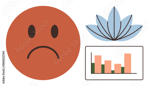 Sad face expressing negative emotion, lotus flower signifying growth or serenity, bar chart representing data or progress. Ideal for mental health, self-improvement, therapy, stress, mindfulness