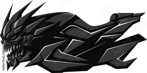 A futuristic robotic creature with sharp edges and menacing teeth is set against a clean white background