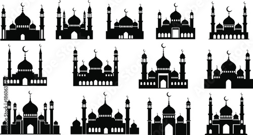 Twelve Black Silhouettes of Islamic Mosques with Domes and Minarets Keywords: mosque, Islamic, architecture, building