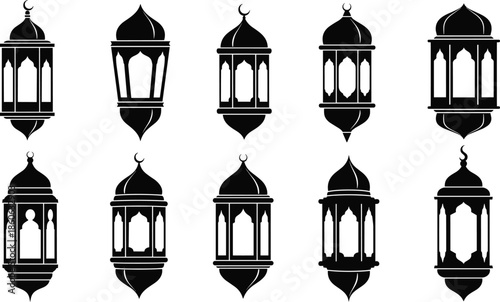Variety of Black Silhouette Islamic Lanterns with Crescent Moon Embellishments lamp arabic