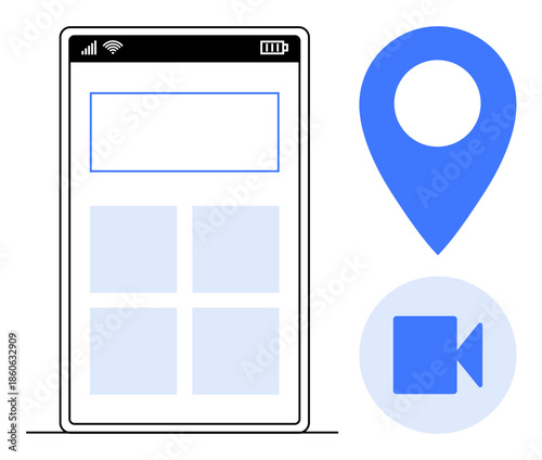 Navigation apps, video calls, virtual meetings, location sharing, app design, online tools. A smartphone with a navigation pin and video icon. Navigation apps and video calls concept