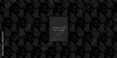 Seamless dark monochrome botanical pattern with mixed leaf silhouettes and line art on black repeating charcoal foliage shapes and delicate plant sketches