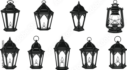 Vintage and Traditional Lanterns with Lit Candles and Flame lamp light
