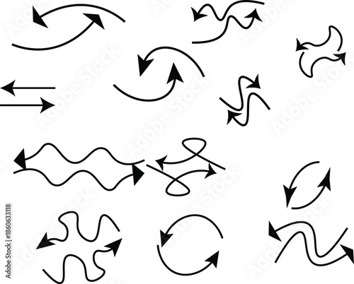 Hand-drawn vector collection of double arrows and equilibrium symbols; set of minimalist wavy, loopy, and curved exchange arrows for chemistry, physics, and creative design.