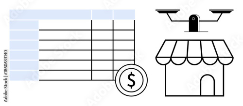 Financial analysis, retail technology, surveillance systems, e-commerce, shop security, budgeting. Spreadsheet with dollar sign, store icon and quadcopter. Financial analysis and retail technology