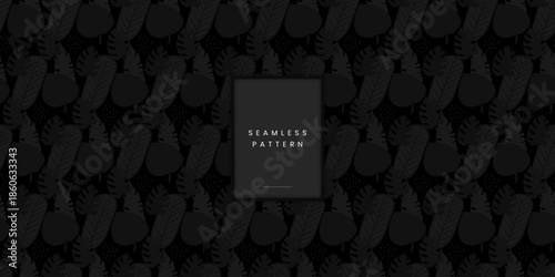 Seamless dark monochrome botanical pattern with tropical leaf silhouettes on black repeating charcoal monstera and palm foliage texture for elegant nature design