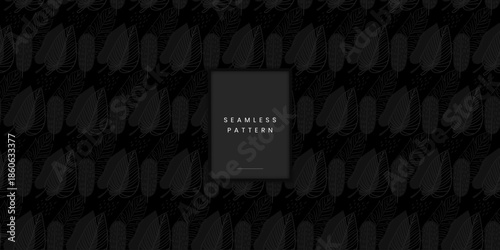 Seamless dark monochrome botanical pattern with overlapping leaf silhouettes on black repeating charcoal foliage shapes with fine line details for organic texture