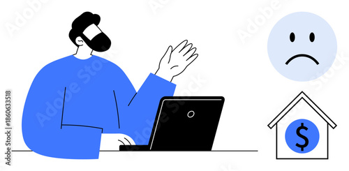 Economic issues. A man working on a laptop alongside symbols financial stress, a sad face, and a house with a dollar sign. Economic challenges, real estate, finance struggles, personal budgeting