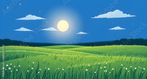 landscape green grass blue sky, grassy meadow vector, scenic nature illustration, green field landscape, summer meadow drawing, countryside scenery vector, green grass hills illustration, blue sky lan