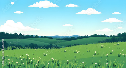 landscape green grass blue sky, grassy meadow vector, scenic nature illustration, green field landscape, summer meadow drawing, countryside scenery vector, green grass hills illustration, blue sky lan