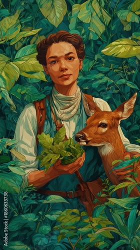 A woman is holding a deer in a lush green forest. The woman is wearing a white shirt and blue overalls