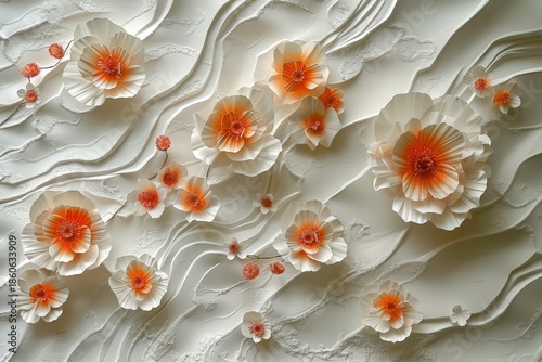 abstract background with flowers. 3D embossed clay wall elegant blossoms on branches