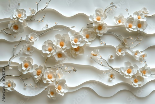 abstract background with flowers. 3D embossed clay wall elegant blossoms on branches