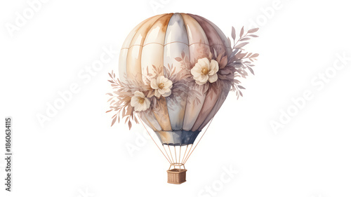 Watercolor hot air balloon adorned with soft floral arrangements and delicate earthy tones