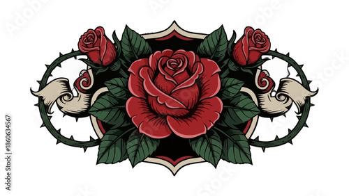 Vibrant Red Roses and Thorns Gothic Design Element on Isolated White Background