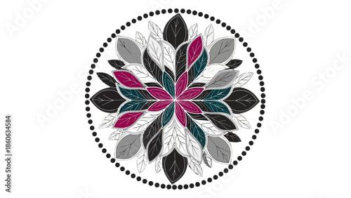 Abstract Intricate Circular Floral Mandala Design with Colorful Leaves on Isolated White Background